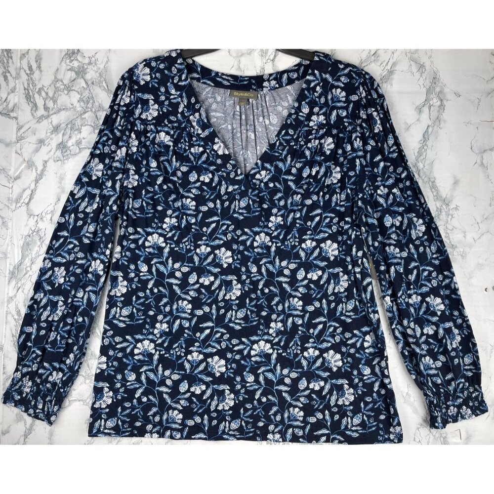 Style & Co. Womens Large Blue Floral Long Sleeve Top